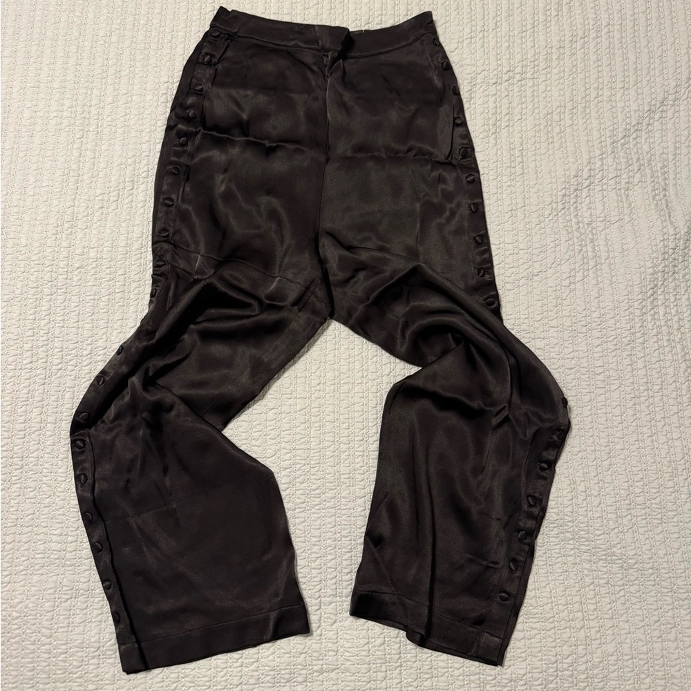 Anthropology Capulet Black Satin Like Wide Leg Pants Side Button Accents Size L